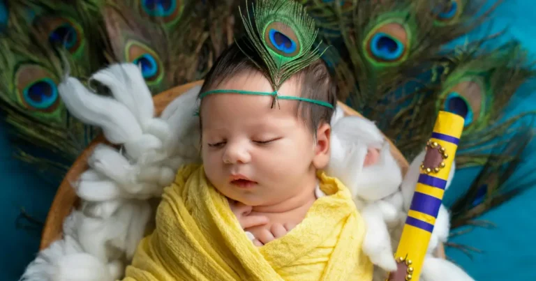 Baby dressed as little Krishna with peacock feather and flute, representing cultural inspiration behind funny Indian names