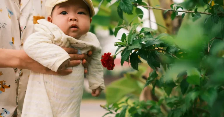 Baby wearing a beige cap and onesie being held near a red flower in a garden, names starting with lee