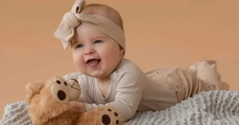 A little girl lying on her stomach playing with a doll happily