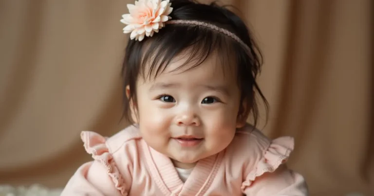 Japanese girl wearing pink dress and smiling