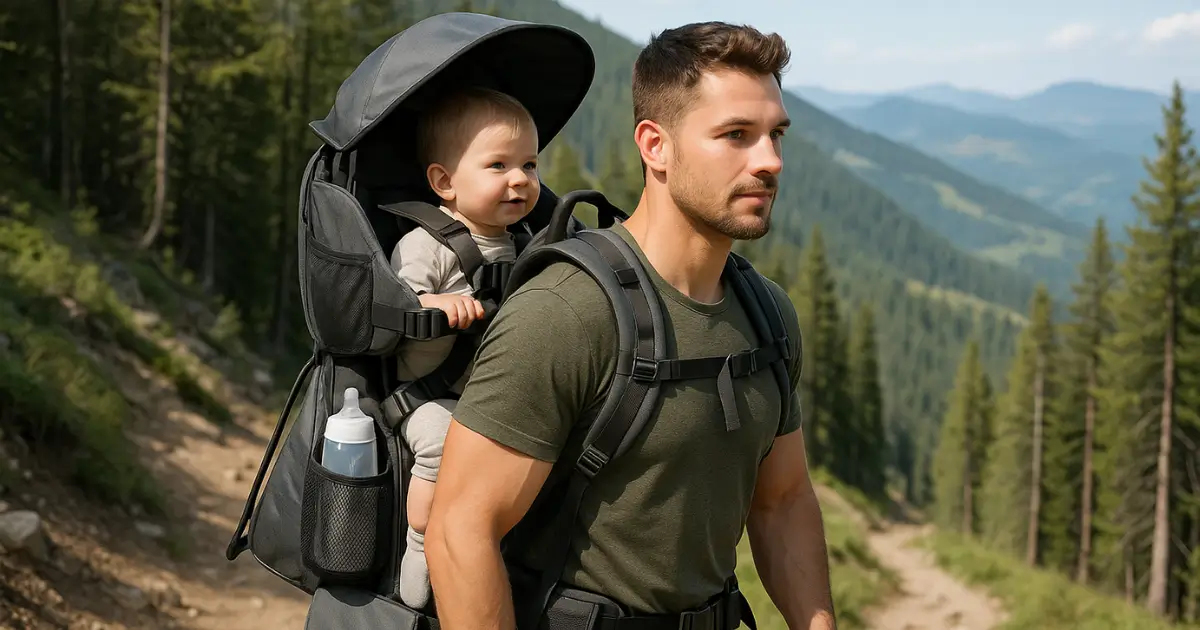 father carrying his child in nature in a baby carrier backpack