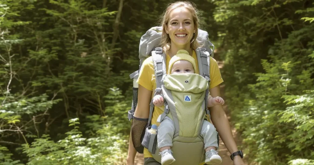 Mother carrying her son in a baby carrier backpack in the forest