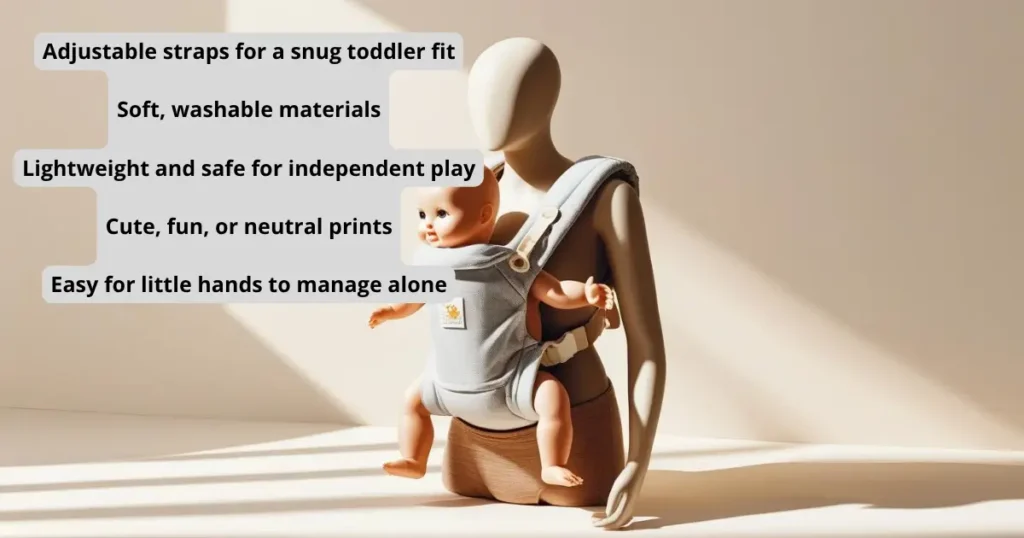 Toddler mannequin wearing a grey baby doll carrier with five key features listed: adjustable straps, washable material, lightweight, cute prints, easy to use.
