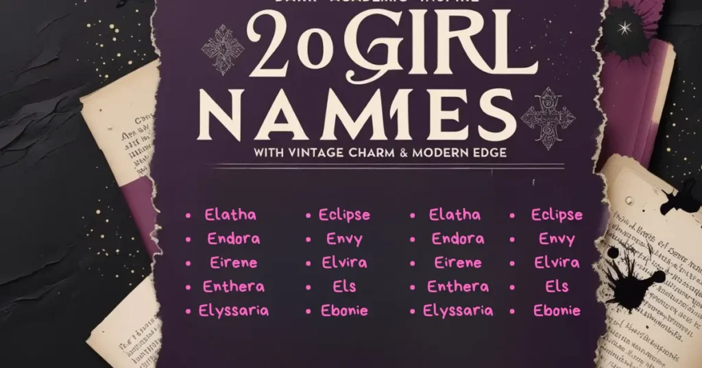 Graphic showing 20 dark aesthetic E girl names with vintage charm and modern edge, including names like Elatha, Eclipse, Endora, and Envy