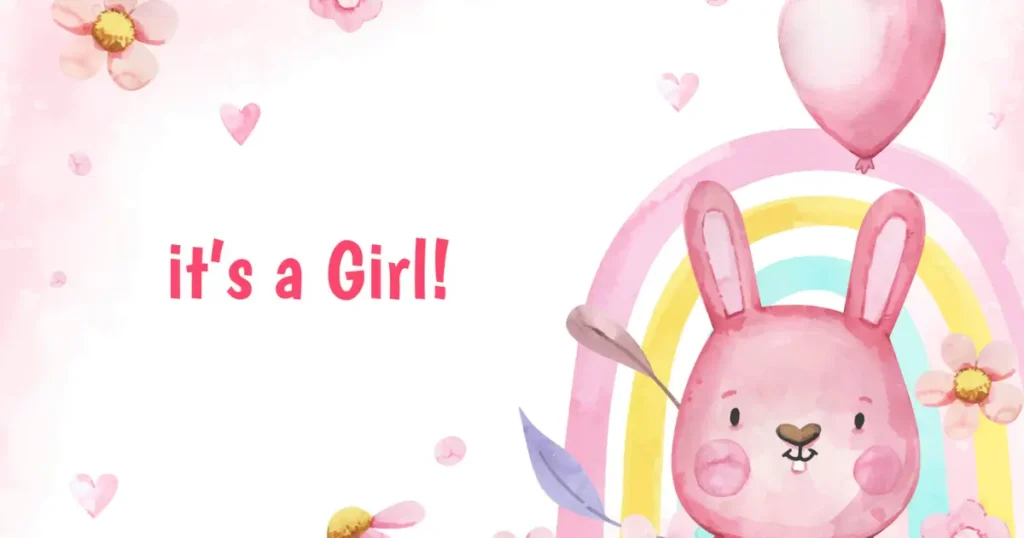 Cute pink bunny with a balloon and rainbow background next to the phrase “It’s a Girl!” on a soft floral design baby girl announcement graphic.
