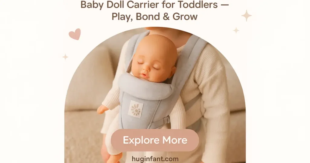Toddler wearing a soft grey baby doll carrier with a realistic baby doll inside. Text reads: Baby Doll Carrier for Toddlers – Play, Bond & Grow. CTA button: Explore More on huginfant.com.
