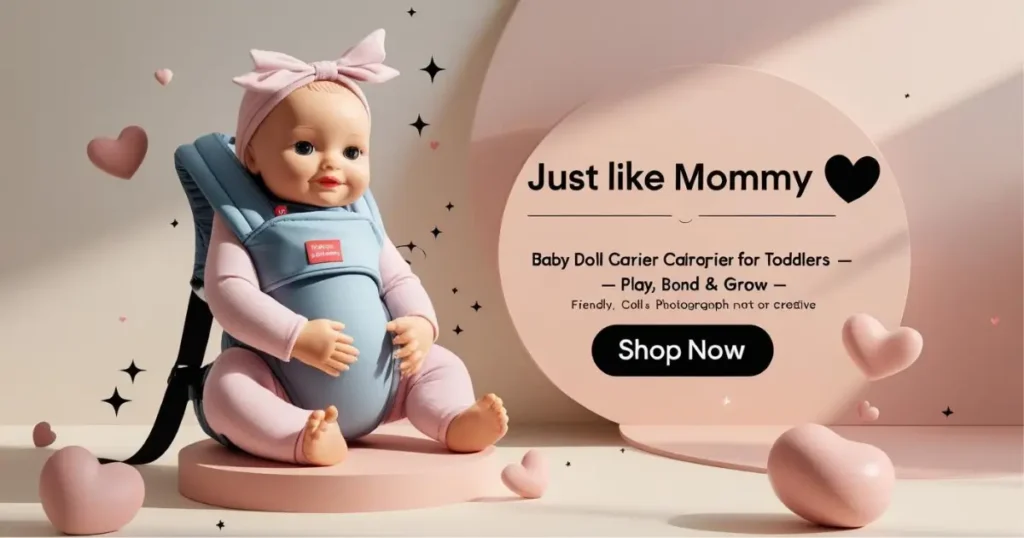 Smiling baby doll in a soft blue carrier with pink bow, sitting on a round platform. Promotional text reads: Just like Mommy – Baby Doll Carrier for Toddlers – Play, Bond & Grow. CTA: Shop Now.