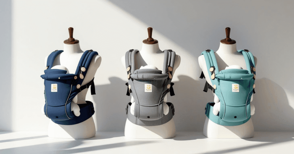 Three stylish twin baby carriers displayed on mannequins in navy blue, gray, and teal, under soft natural lighting.
