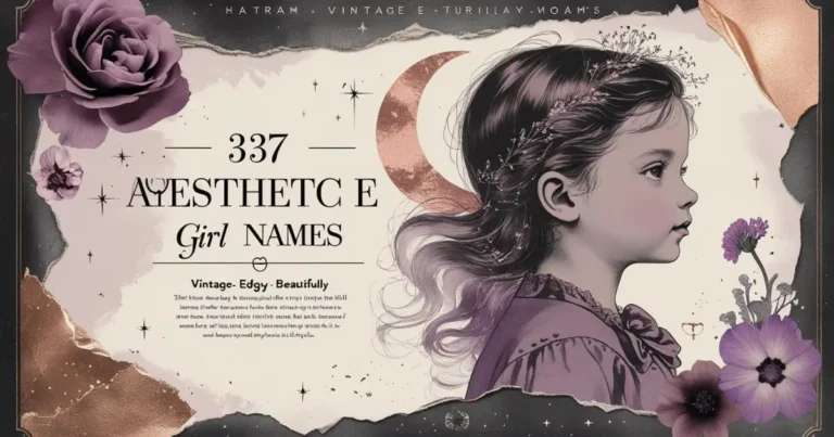 Vintage-style graphic of a young girl with floral crown and moon backdrop, promoting 337 aesthetic E girl names with dreamy, edgy, and artistic vibes