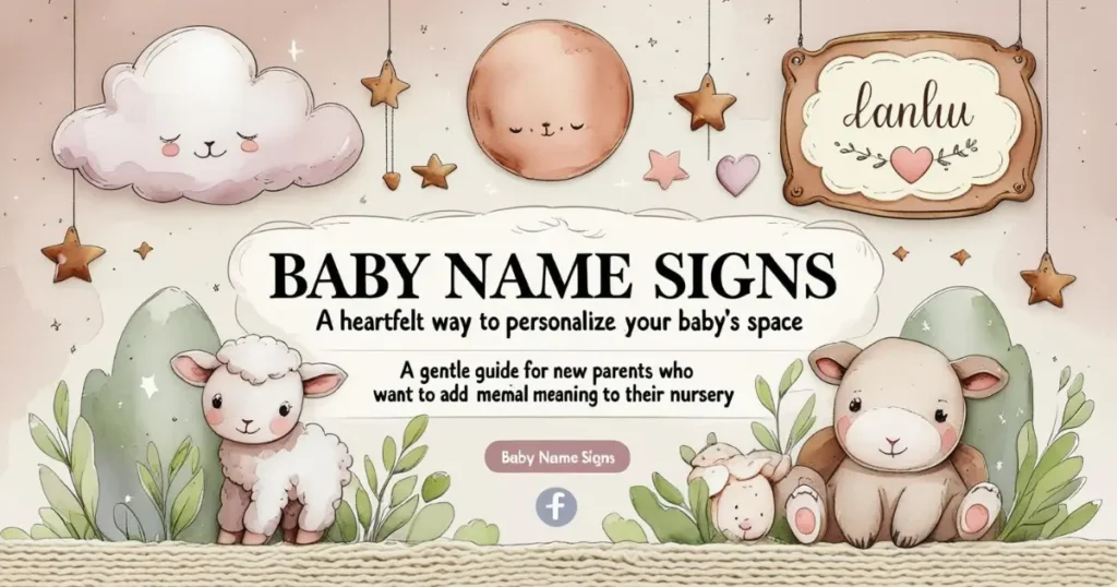 Cute illustrated baby animals and dreamy nursery with baby name signs