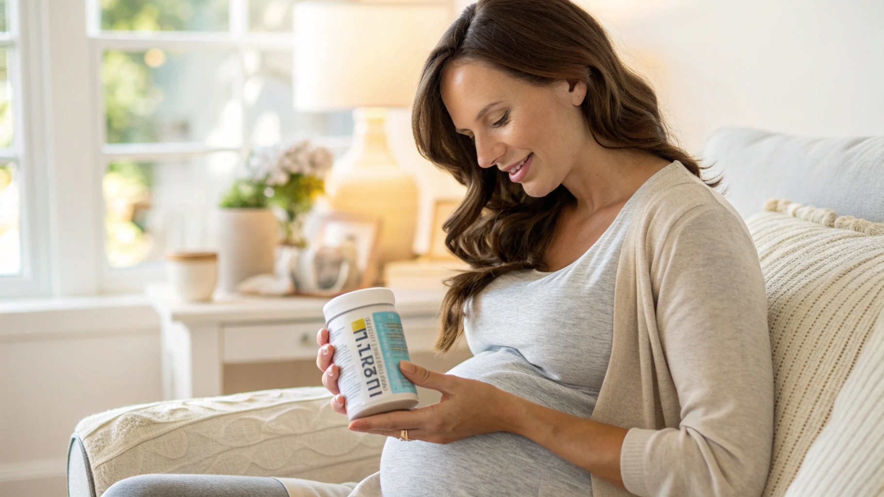 Pregnant woman sitting on a couch holding a magnesium supplement container.