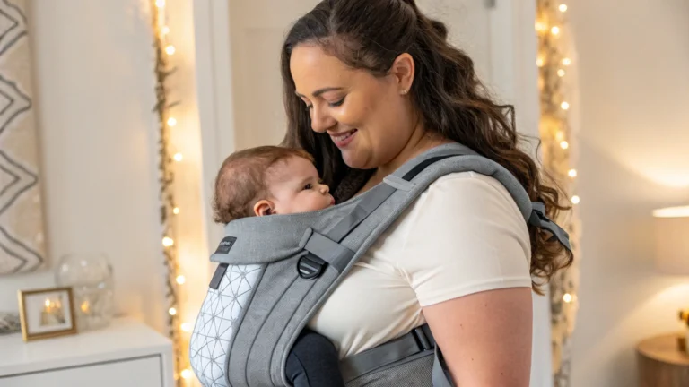 Smiling plus size mom holding her baby in a soft and supportive baby carrier