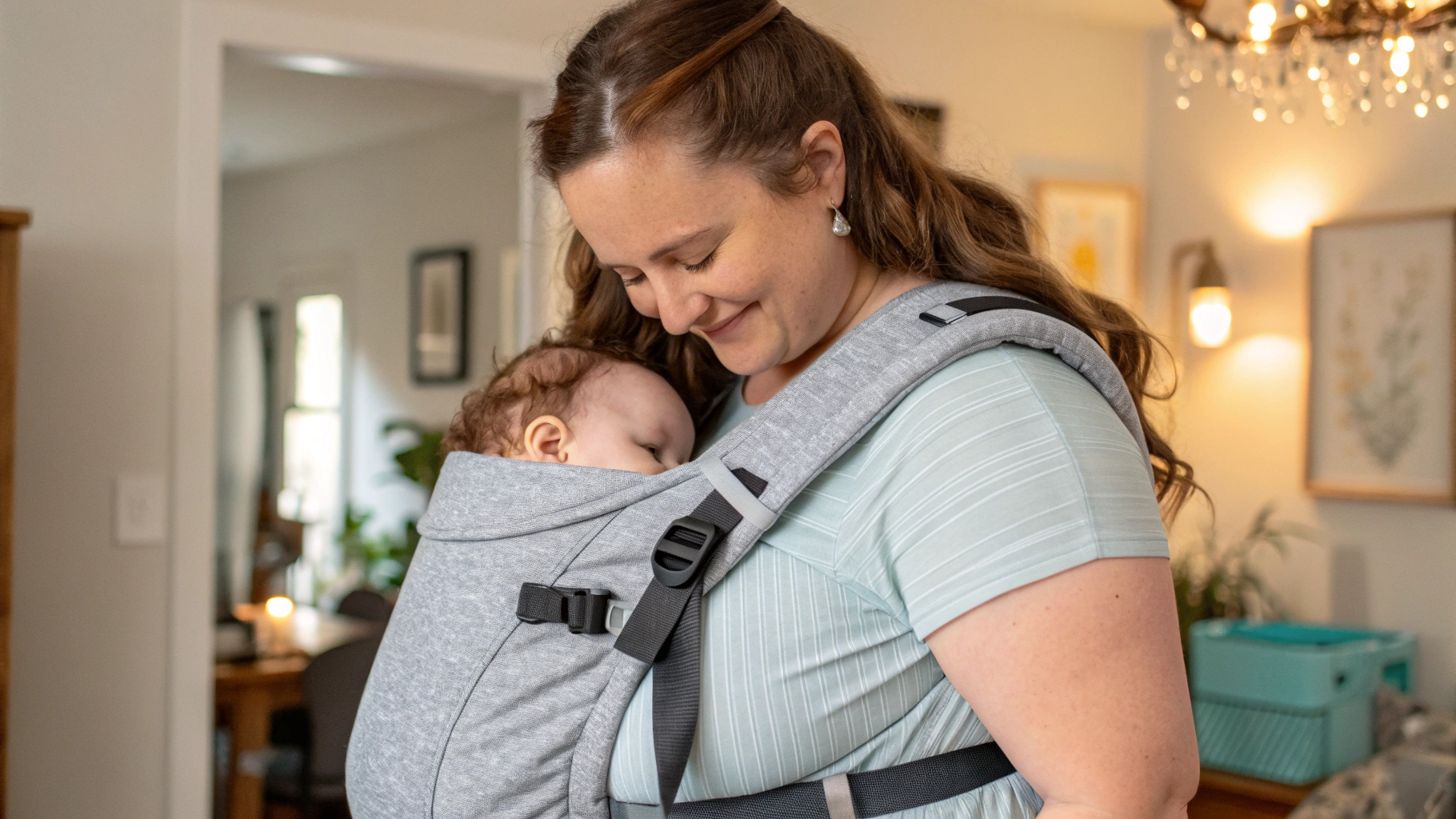 Smiling plus size mom holding her baby in a soft and supportive baby carrier for plus size mom at home