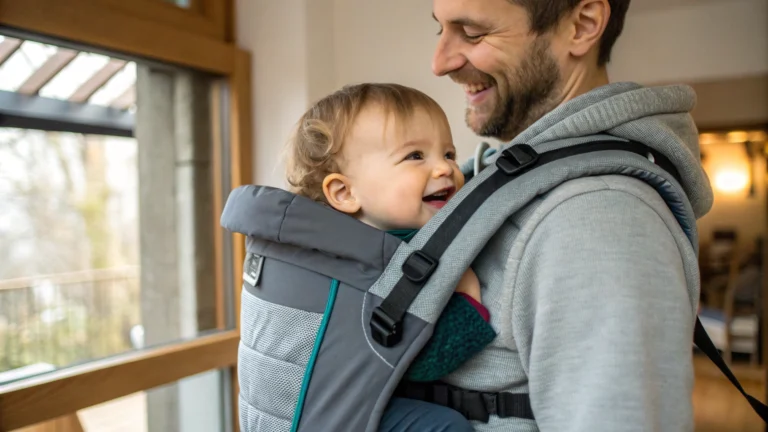 Happy toddler sitting comfortably in a supportive baby carrier for toddler while dad smiles indoors