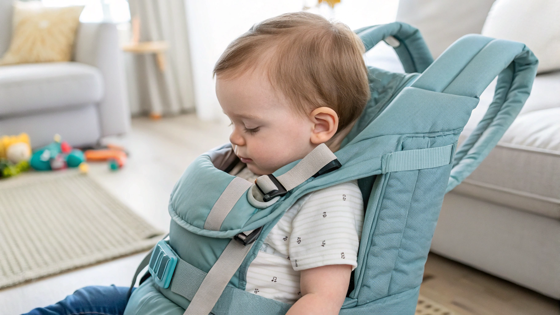 Toddler peacefully napping in a soft and ergonomic baby carrier for toddler inside a cozy living room