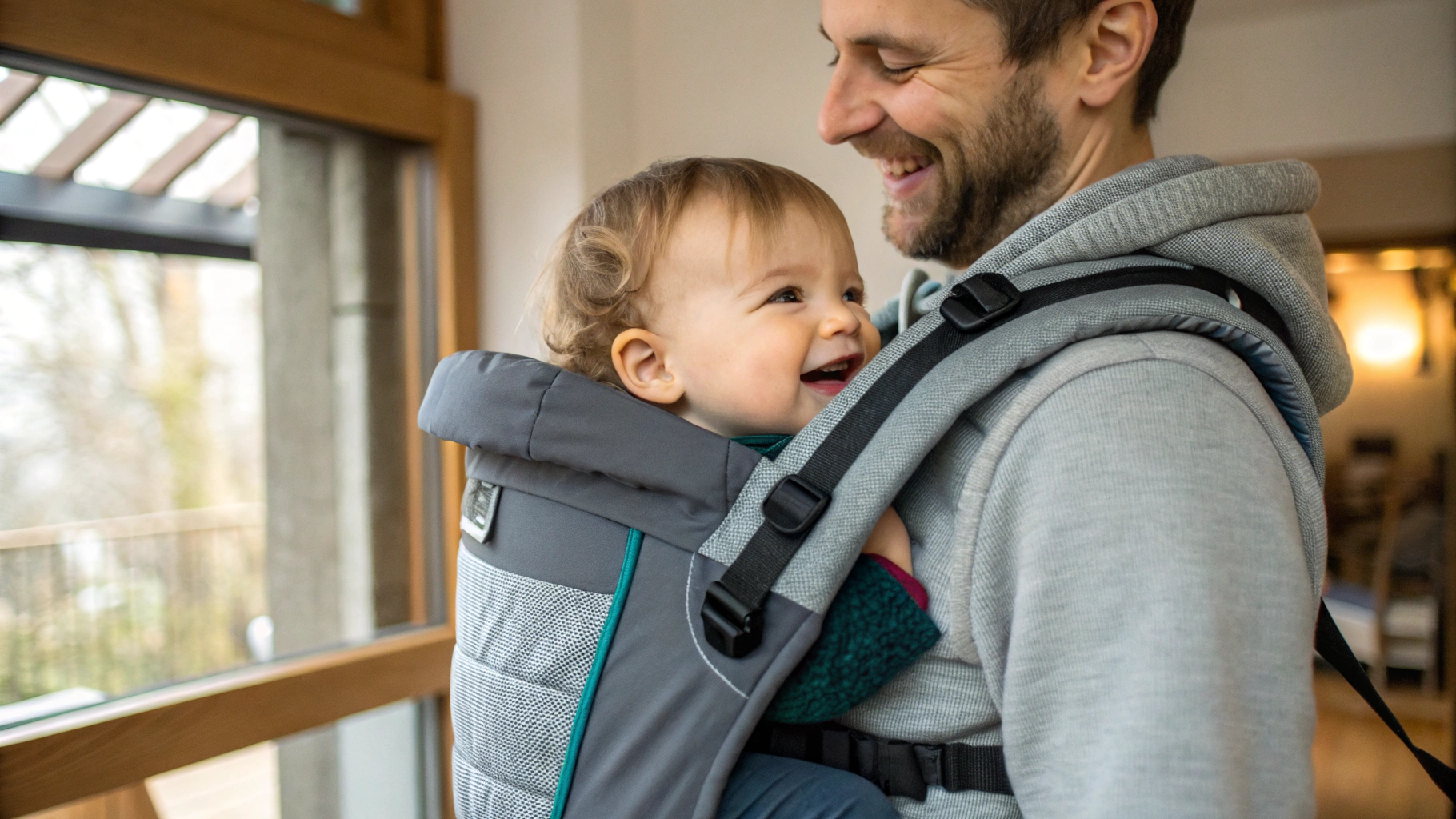 Happy toddler sitting comfortably in a supportive baby carrier for toddler while dad smiles indoors