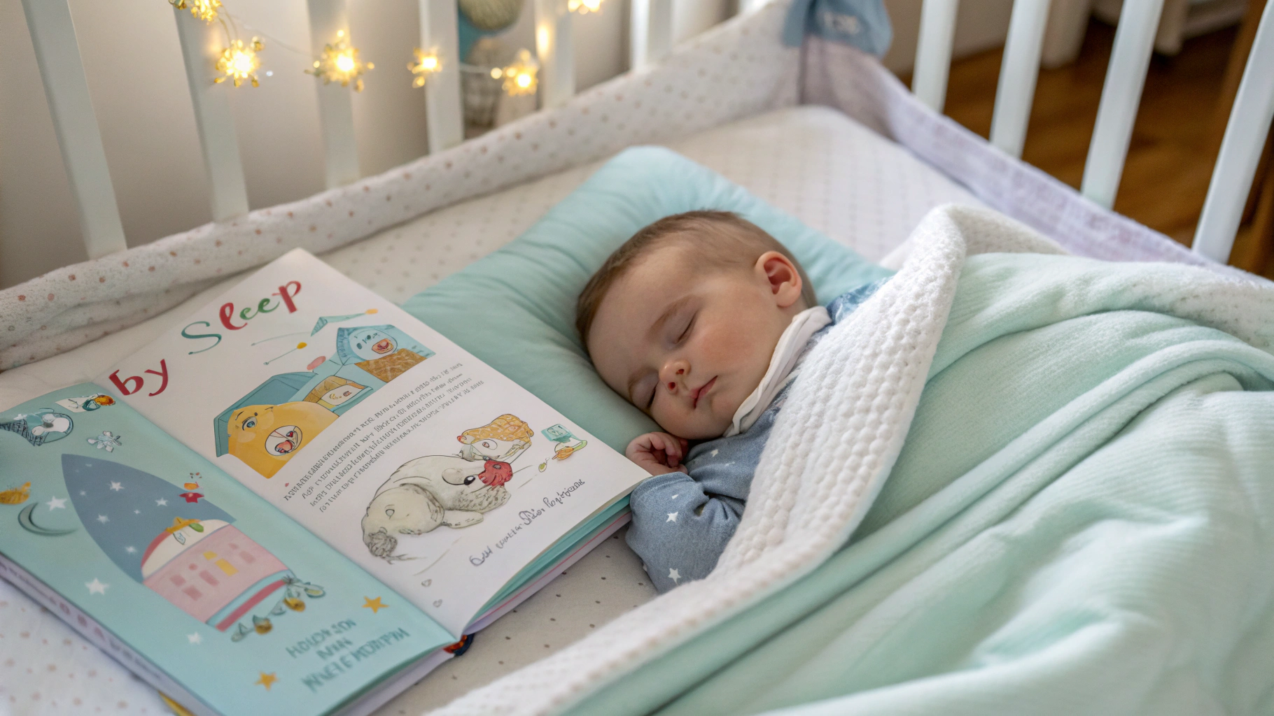 Peaceful baby sleeping in a crib beside an open baby sleep book with colorful illustrations.
