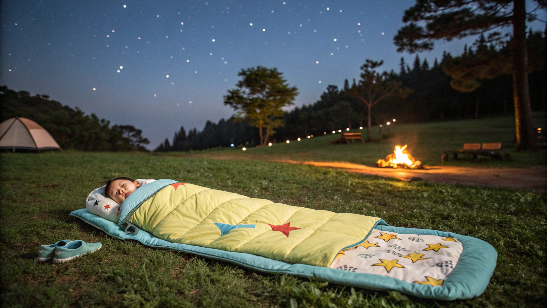 Baby sleeping bag camping outdoors under the night sky, child resting comfortably in a warm sleeping bag by a campfire.