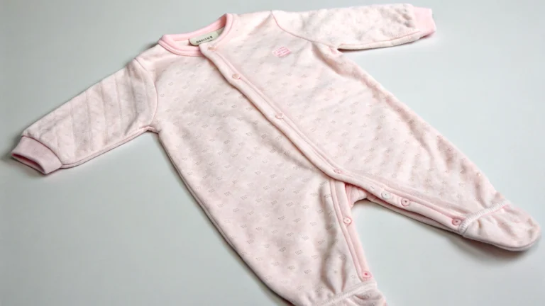 Light pink baby sleeping suit with long sleeves and snap buttons, laid flat on a surface.