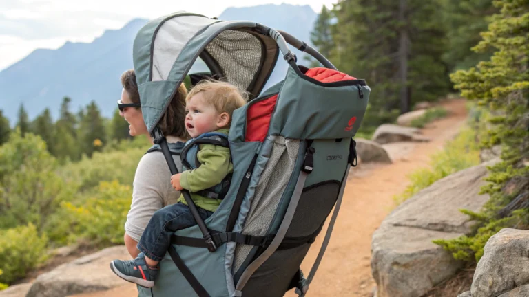 Dad carrying his toddler in a sturdy backpack-style carrier, one of the best baby carriers for hiking, on a forest trail
