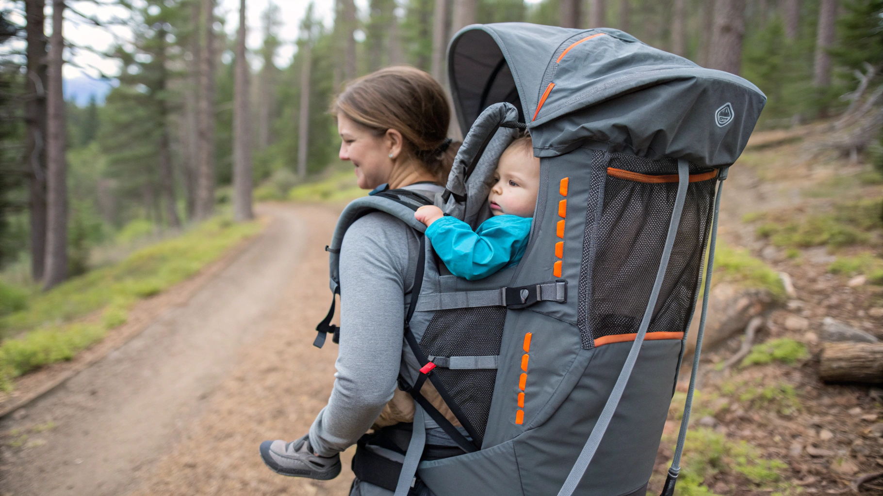 Mom carrying her toddler in a sturdy backpack-style carrier, one of the best baby carriers for hiking, on a forest trail