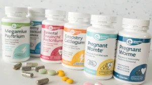 Bottles of electrolyte supplements and vitamins displayed with capsules and tablets, representing the best electrolytes for pregnancy.