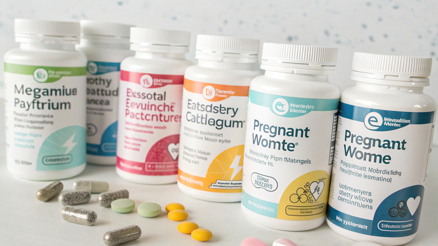Bottles of electrolyte supplements and vitamins displayed with capsules and tablets, representing the best electrolytes for pregnancy.