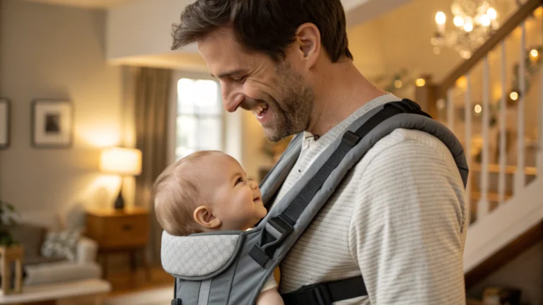 Smiling dad holding his baby in a comfortable front-facing dad baby carrier at home