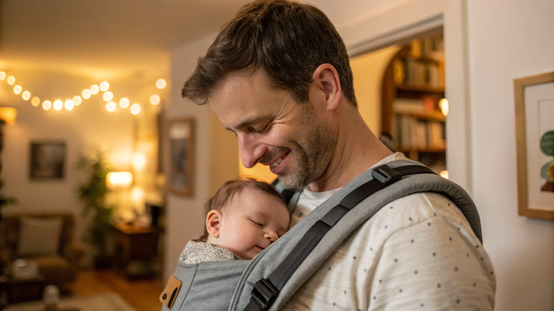 Smiling dad holding his baby in a comfortable front-facing dad baby carrier at home