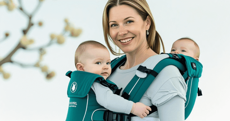 Happy mother outdoors wearing a green twin baby carrier, smiling while carrying two babies one in front and one on her back.