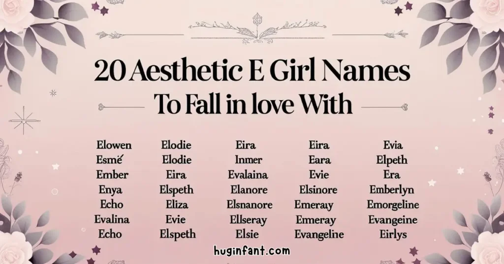 Romantic floral graphic with soft pink background displaying 20 aesthetic E girl names like Elowen, Esmé, Ember, Eira, and Evangeline in elegant black serif font