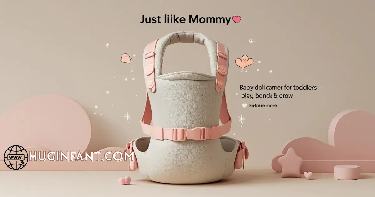 Adorable pink baby doll carrier for toddlers on soft pink background with branding and emotional CTA – ideal gift for role play and bonding.