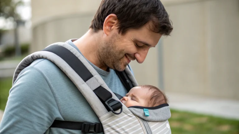 Dad gently holding his newborn in a cozy mens baby carrier while walking outdoors