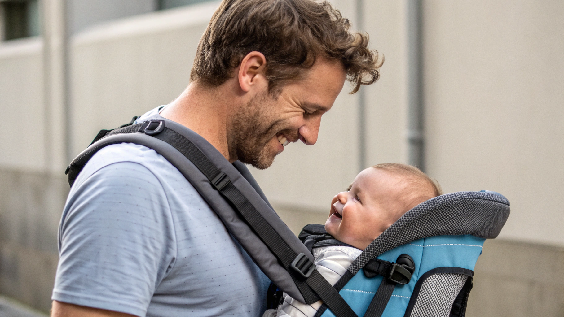 Dad smiling at his baby in a secure and ergonomic mens baby carrier during an outdoor walk