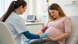 Pregnant woman having a medical checkup with a nurse, highlighting concerns about piercing while pregnant.