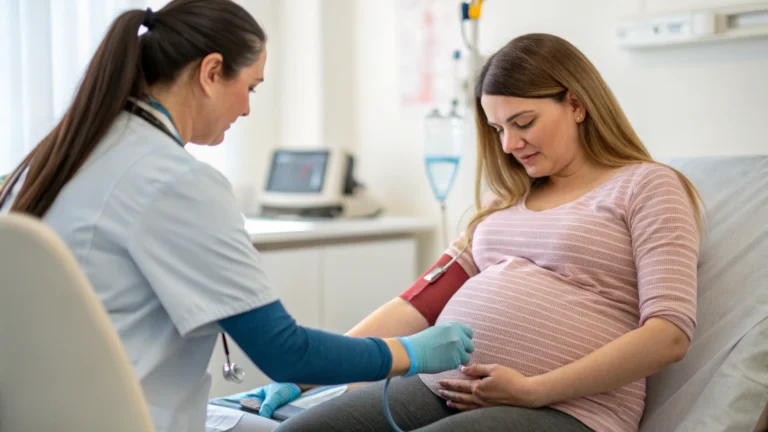 Pregnant woman having a medical checkup with a nurse, highlighting concerns about piercing while pregnant.