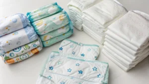Stacks of post pregnancy diapers arranged neatly, designed for comfort and protection for new moms after childbirth.