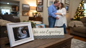 Pregnancy announcement with framed baby photo, sign reading We Are Expecting, and blurred couple in the background.