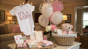 Pregnancy announcement gifts display with a white onesie reading It’s a Baby, balloons, teddy bear, flowers, and gift basket.