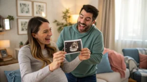 Excited husband and pregnant wife holding ultrasound photo during pregnancy announcement at home.