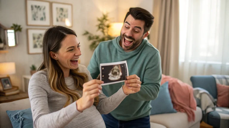 Excited husband and pregnant wife holding ultrasound photo during pregnancy announcement at home.