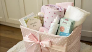 Pregnancy care package gift box with self-care products, skincare, and essentials for expecting moms.
