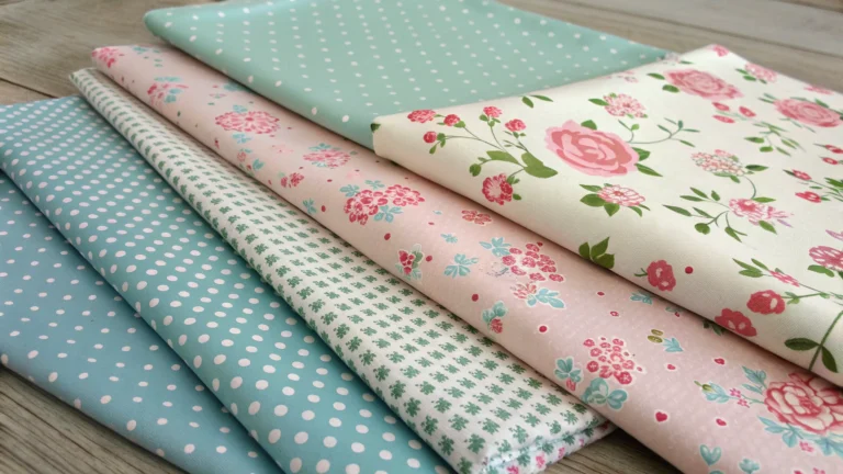 Colorful fabric pieces with floral and polka dot designs, ideal for creating pregnancy clothes patterns.