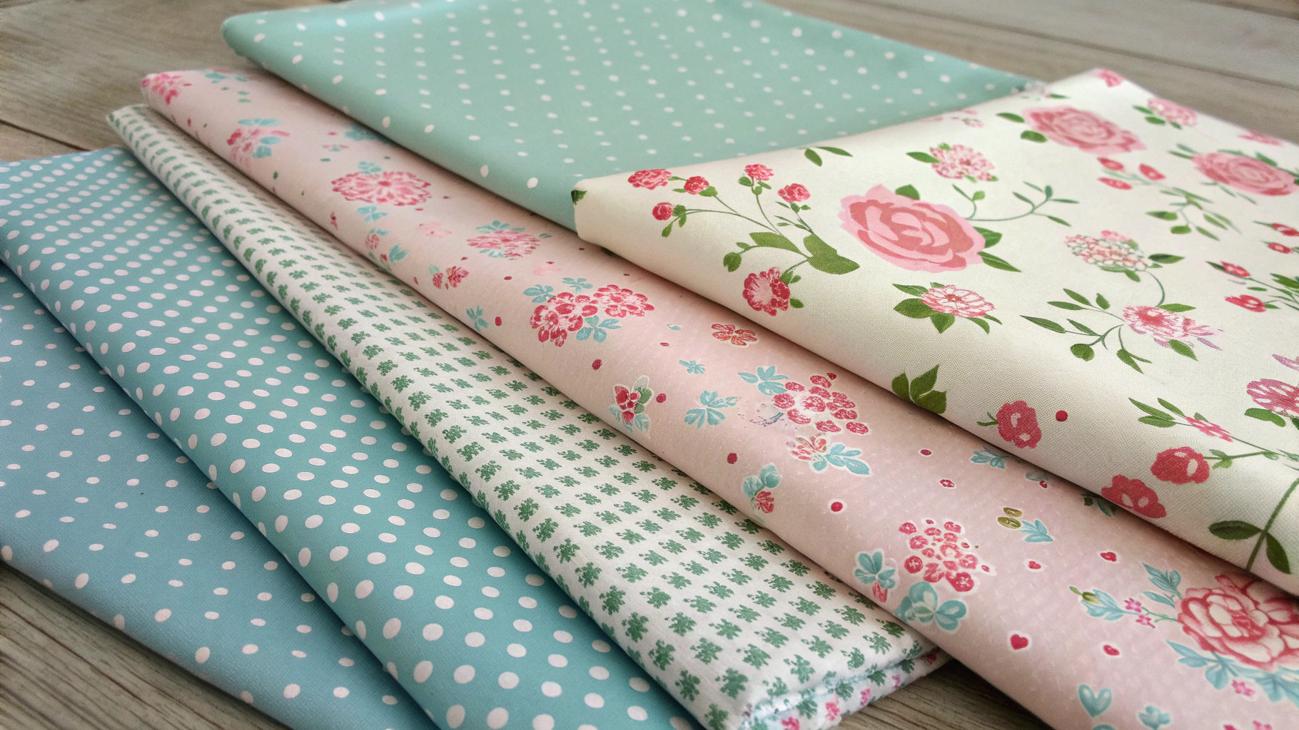 Colorful fabric pieces with floral and polka dot designs, ideal for creating pregnancy clothes patterns.