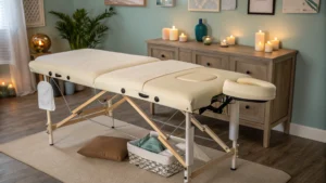 Pregnancy massage pillow on a therapy table in a relaxing spa room with candles and soft lighting.