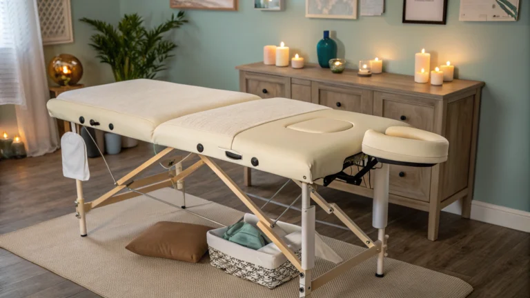 Pregnancy massage pillow on a therapy table in a relaxing spa room with candles and soft lighting.
