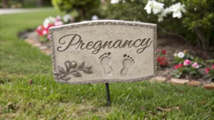 Rainbow baby announcement garden sign with the word pregnancy and baby footprints, surrounded by flowers.