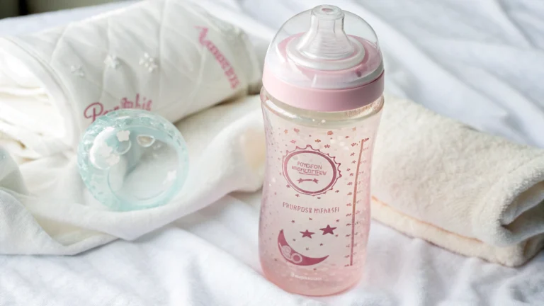 Pink pregnancy water bottle with measurement markings placed on soft fabric, ideal for expecting moms.