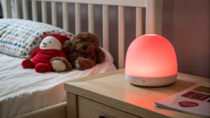 A red-glowing night light on a dresser in a baby's room. A crib with a blanket and starry wall decals is visible in the background.