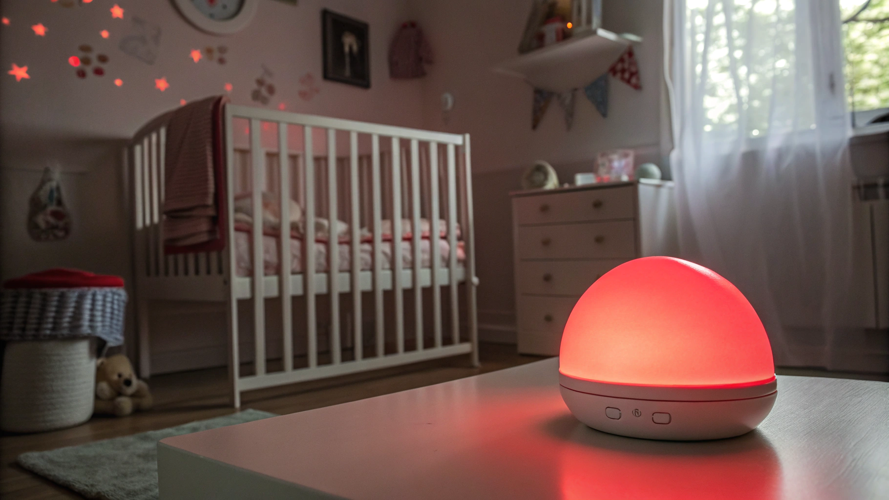 A red light for baby sleep , egg-shaped night light sits on a wooden nightstand next to a baby's crib. Two teddy bears are visible on the bed behind it